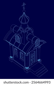 Blue church with a cross on top. The church is small and has a steeple. The blue color of the church gives it a peaceful and serene atmosphere