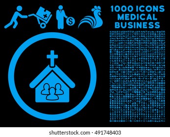 Blue Church vector rounded icon. Image style is a flat icon symbol inside a circle, black background. Bonus set includes 1000 medicine business pictograms.