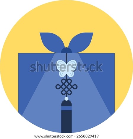 Blue Chuseok gift box with butterfly knot placed inside a full moon circle. Works well for festive prints and as a versatile cultural icon.