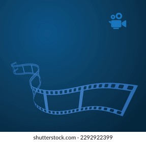 Blue cinema abstract background. 3d design with film reel and movie video camera.