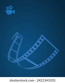 Blue cinema abstract background. 3d design with film reel and movie video camera.