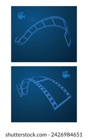 Blue cinema abstract background. 3d design with film reel and movie video camera.