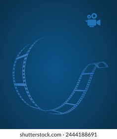 Blue cinema abstract background. 3d design with film reel and movie video camera.