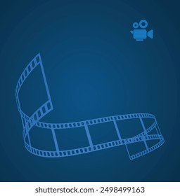 Blue cinema abstract background. 3d design with film reel and movie video camera.