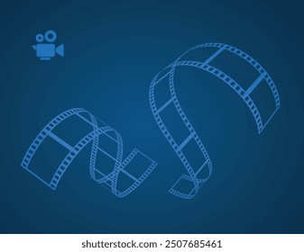 Blue cinema abstract background. 3d design with film reel and movie video camera.