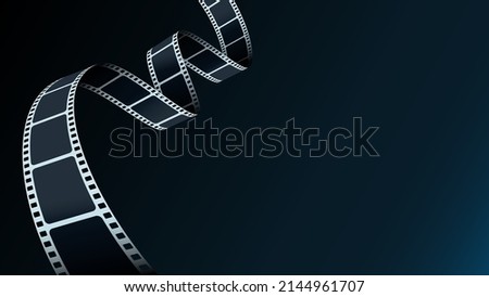 Blue Cinema Background with film reel. Realistic 3D isometric film strip in perspective. Design template film festival for poster, brochure, tickets, flyer with place for your text Movie time concept.