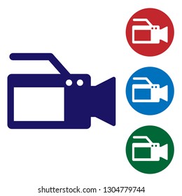 Blue Cinema camera icon isolated on white background. Video camera. Movie sign. Film projector. Set color icon in circle buttons. Vector Illustration