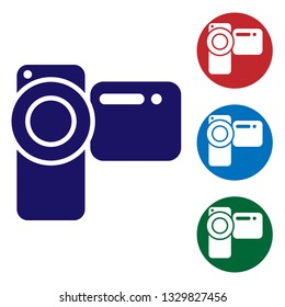 Blue Cinema camera icon isolated on white background. Video camera. Movie sign. Film projector. Set color icon in circle buttons. Vector Illustration