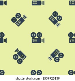 Blue Cinema camera icon isolated seamless pattern on yellow background. Video camera. Movie sign. Film projector.  Vector Illustration