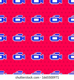 Blue Cinema camera icon isolated seamless pattern on red background. Video camera. Movie sign. Film projector.  Vector Illustration