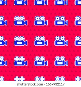 Blue Cinema camera icon isolated seamless pattern on red background. Video camera. Movie sign. Film projector.  Vector Illustration
