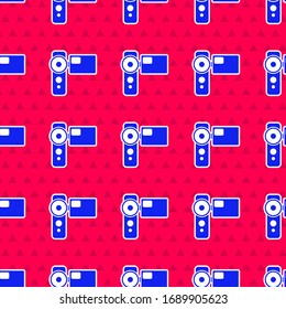 Blue Cinema camera icon isolated seamless pattern on red background. Video camera. Movie sign. Film projector.  Vector Illustration