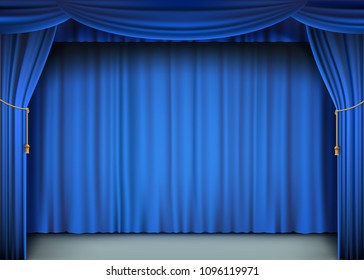 Blue cinema curtain with the stage. Velvet textile art background with copy space. Stock vector illustration.