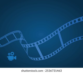 Fundo 3d abstrato onda cinema azul com rolo de filme e câmera de vídeo filme.