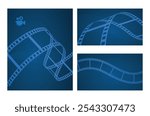 Blue cinema wave abstract background with film reel and movie video camera.