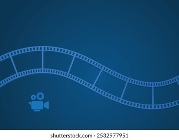 Blue cinema wave abstract background with film reel and movie video camera.