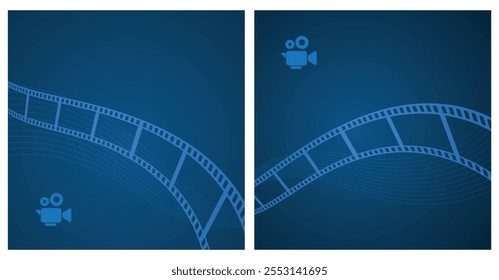 Blue cinema wave abstract background with film reel and movie video camera.