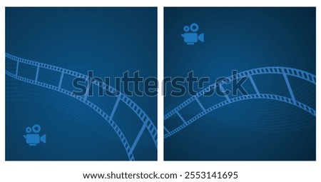 Blue cinema wave abstract background with film reel and movie video camera.