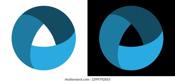 Blue circle with 3 parts. View to the same picture on white and black background.