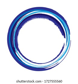 Blue circle of abstract brush movements, circles of blue paint, abstract background, round frame