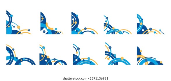 Blue Circle Abstract Shape Border and Corner Frame Vector Set Collection. Decorative Elements Corners, Borders, and Frames. Circular Shape for Banners, Certificates, Invitations, and Covers Design