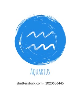 Blue circle Aquarius zodiac sign, hand painted horoscope symbol vector. Astrological icon isolated. Aquarius astrology zodiac symbol round clip art on white background.
