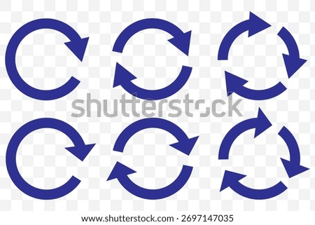 Blue circle arrows icon set. Round reload sign, repeat icon, rotate arrow symbol, arrow pictogram, refresh reload rotation loop sign set