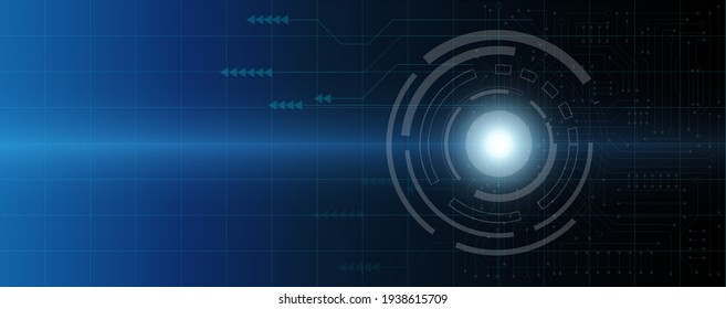 Círculo azul y tarjeta de circuitos línea electrónica o eléctrica con fondo azul, concepto de vector de tecnología de ingeniería científica 