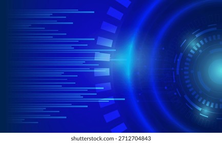 blue circle circuit wtih stripes lines neon shine light cyberspace networking on smooth gradient abstract high technology background