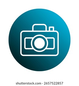 Diseño de círculo azul con una ilustración de arte de línea blanca limpia de una cámara que enfatiza las herramientas de narración visual