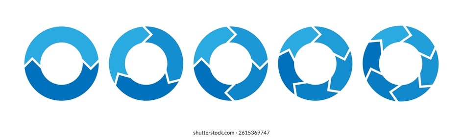 Blue circle. Diagram infographic set. Rotation cycle vector. 2, 3, 4, 5, 6 parts.	