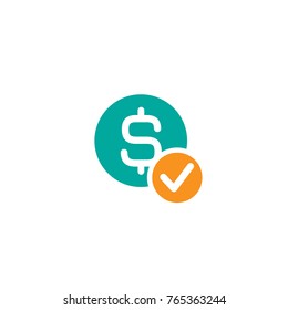 Blue circle with dollar sign and orange circle with tick. Flat icon. Isolated on white. Pay sign. Accept button. Check box. Good for web and software interfaces. Vector illustration.
