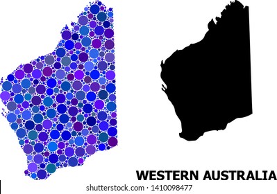 Blue circle dot mosaic and solid map of Western Australia. Vector geographic map of Western Australia in blue color hues. Abstract mosaic is organized with scattered circle dots.