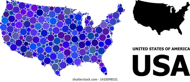 Blue circle dot mosaic and solid map of USA. Vector geographic map of USA in blue color hues. Abstract mosaic is organized with scattered circle items.