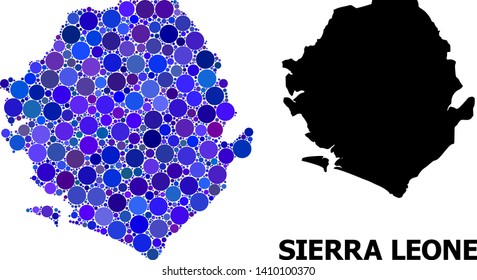 Blue circle dot mosaic and solid map of Sierra Leone. Vector geographic map of Sierra Leone in blue color hues. Abstract mosaic is organized from randomized spheric points.