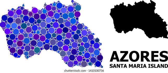 Blue circle dot mosaic and solid map of Santa Maria Island. Vector geographic map of Santa Maria Island in blue color shades. Abstract mosaic is organized with random circle dots.