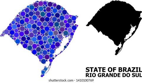 Blue circle dot mosaic and solid map of Rio Grande do Sul State. Vector geographic map of Rio Grande do Sul State in blue color tones. Abstract mosaic is composed with scattered circle points.