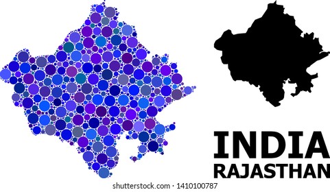 Blue circle dot mosaic and solid map of Rajasthan State. Vector geographic map of Rajasthan State in blue color tones. Abstract mosaic is designed with randomized circle points.