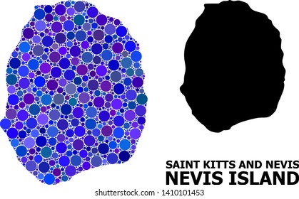 Blue circle dot mosaic and solid map of Nevis Island. Vector geographic map of Nevis Island in blue color tints. Abstract mosaic is organized from scattered circle blots.