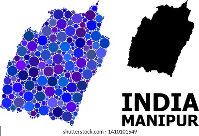 Blue circle dot mosaic and solid map of Manipur State. Vector geographic map of Manipur State in blue color tinges. Abstract mosaic is done from scattered circle blots.