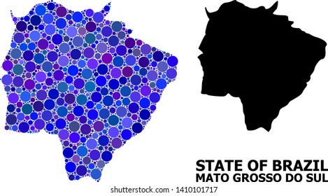 Blue circle dot mosaic and solid map of Mato Grosso do Sul State. Vector geographic map of Mato Grosso do Sul State in blue color tones. Abstract mosaic is combined from scattered circle dots.