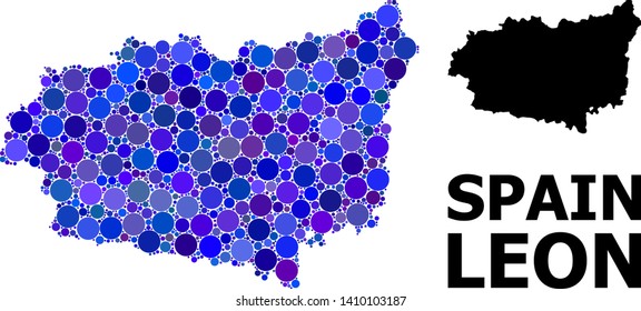 Blue circle dot mosaic and solid map of Leon Province. Vector geographic map of Leon Province in blue color variations. Abstract mosaic is created from randomized circle items.