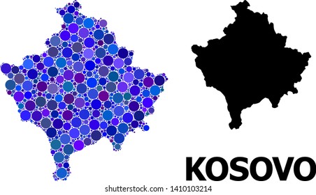 Blue circle dot mosaic and solid map of Kosovo. Vector geographic map of Kosovo in blue color tinges. Abstract mosaic is constructed from random round elements.