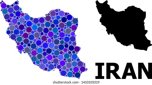 Blue circle dot mosaic and solid map of Iran. Vector geographic map of Iran in blue color hues. Abstract mosaic is designed with random circle spots.