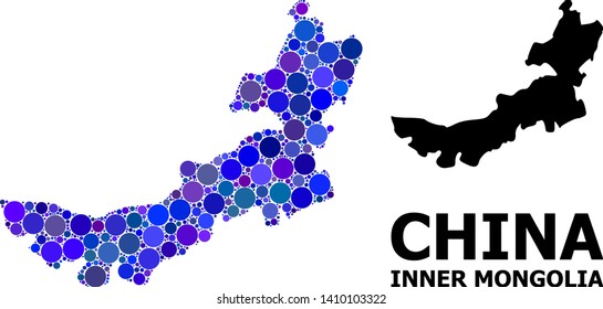 Blue circle dot mosaic and solid map of Inner Mongolia. Vector geographic map of Inner Mongolia in blue color hues. Abstract mosaic is combined from randomized circle points.