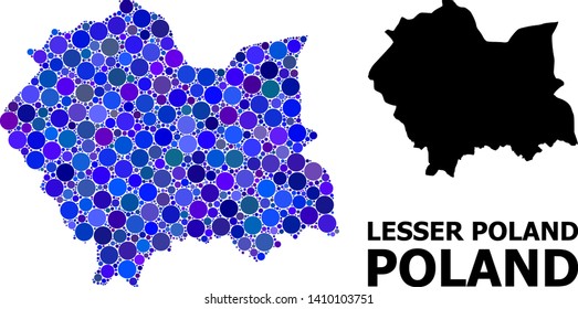 Blue circle dot mosaic and solid map of Lesser Poland Province. Vector geographic map of Lesser Poland Province in blue color tones. Abstract mosaic is organized with random circle spots.