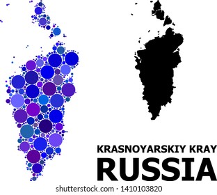 Blue circle dot mosaic and solid map of Krasnoyarskiy Kray. Vector geographic map of Krasnoyarskiy Kray in blue color tones. Abstract mosaic is done with scattered sphere dots.