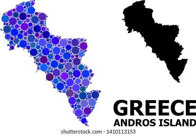 Blue circle dot mosaic and solid map of Greece - Andros Island. Vector geographic map of Greece - Andros Island in blue color tones. Abstract collage is created with scattered circle blots.