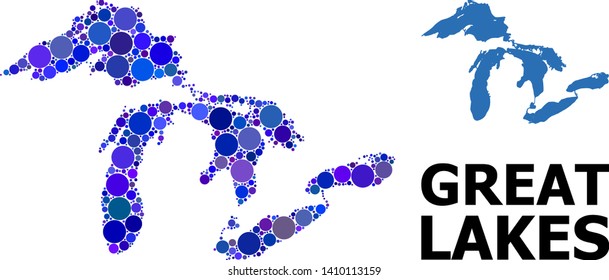 Blue circle dot mosaic and solid map of Great Lakes. Vector geographic map of Great Lakes in blue color tinges. Abstract mosaic is composed with random circle spots.