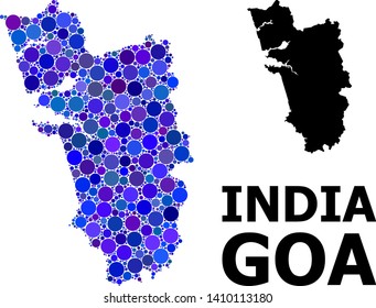 Blue circle dot mosaic and solid map of Goa State. Vector geographic map of Goa State in blue color shades. Abstract mosaic is organized from scattered circle points.